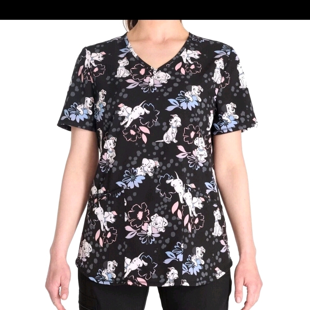 Disney Scrubs Top Black and Pink Dalmatian Floral Tee XXL
